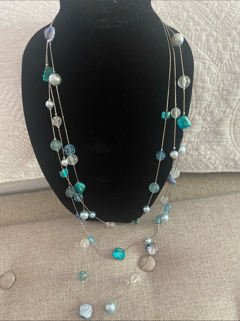 Necklace Silver & Blue 3 Strand Costume Beach